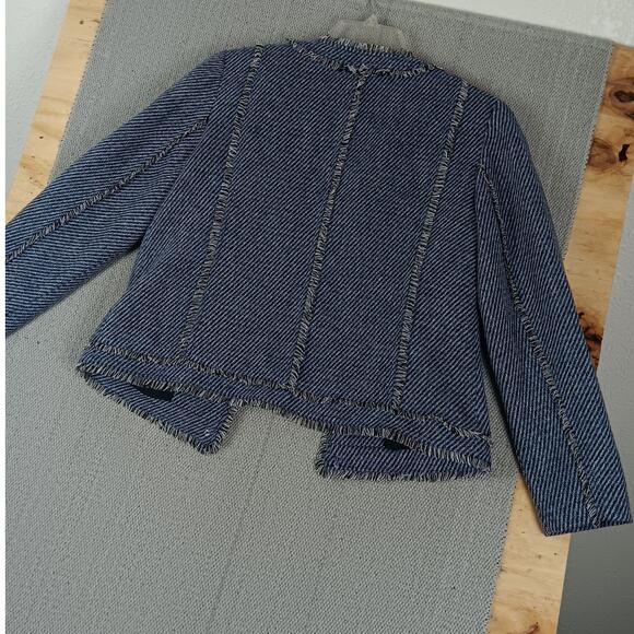 Chicos Open Front Jacket Womens Size 8 Blue Tweed Fringe Military Evening Casual - Picture 9 of 15